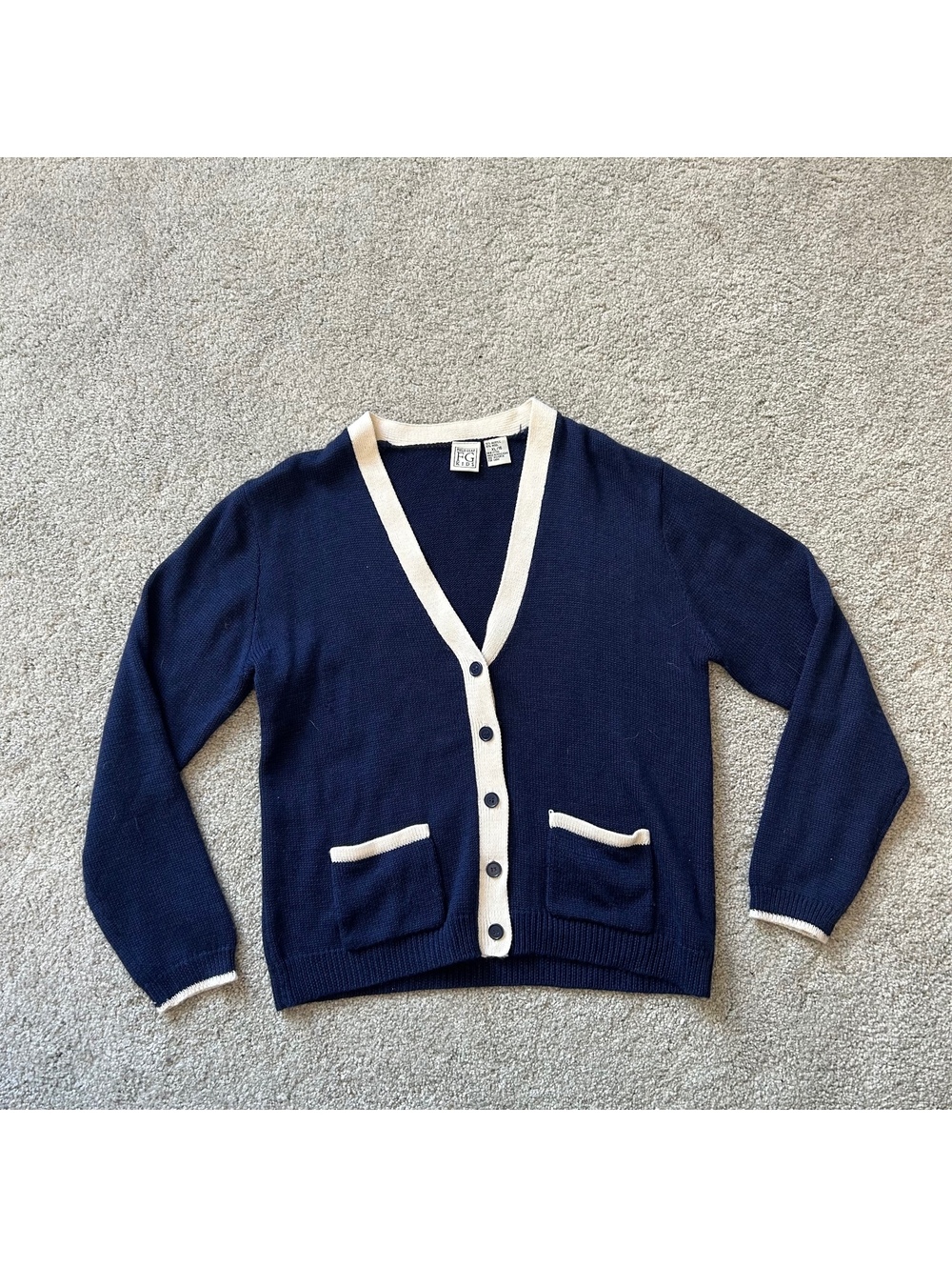 Field Gear Kids size XL/ Women’s size XS/S Navy Blue and Cream Wool Cardigan